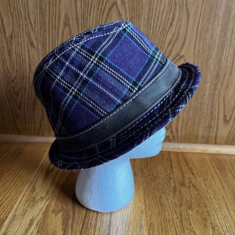 True Religion Purple Plaid Bucket Hat Faux Leather Trim Women Y2K Streetwear S/M